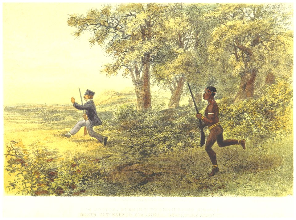 Lucas1861, pg039 OUR DOCTOR BURNING TO DISTINGISH HIMSELF GOETH OUT KAFFIR STALKING