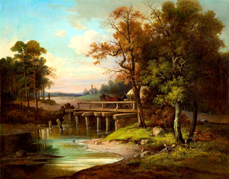 Franciszek Ruśkiewicz - Pejzaż z przeprawą przez most i widokiem na kościół 1863