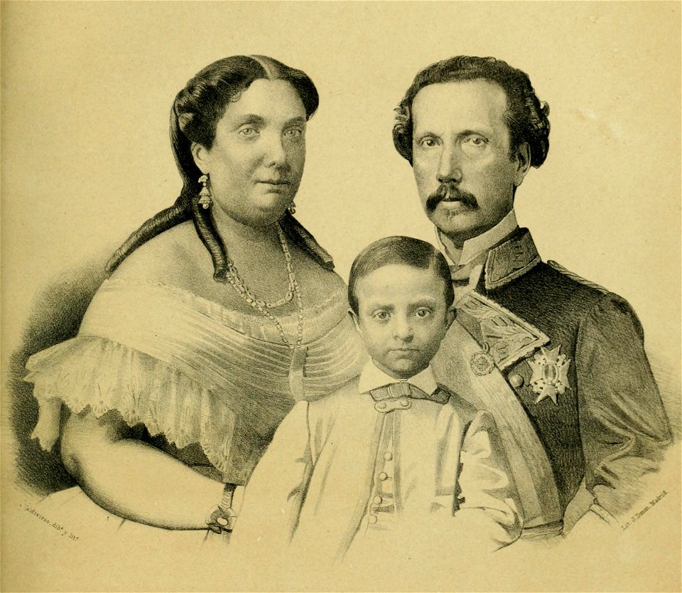 1864, Historia de la Villa y Corte de Madrid, vol. 4, Isabel II, el rey consorte Francisco de Asís y el príncipe de Asturias (cropped)