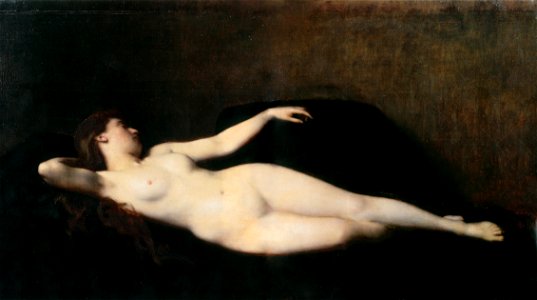 1865 Jean-Jacques Henner - Woman on a black divan. Free illustration for personal and commercial use.