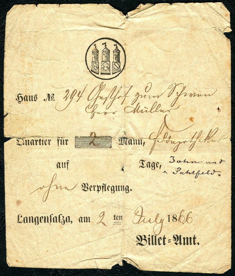 1866-07-02 Billet-Amt Langesalza, Quartier Billet John und Sahlfeld