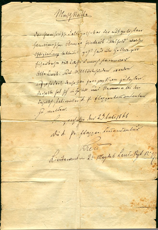 1866-07-23 Marschroute Feldapotheker Friedrich Sahlfeld, Langensalza, Order Leutnant 2tes Magdeburgisches Landwehr-Regiment Nr. 27