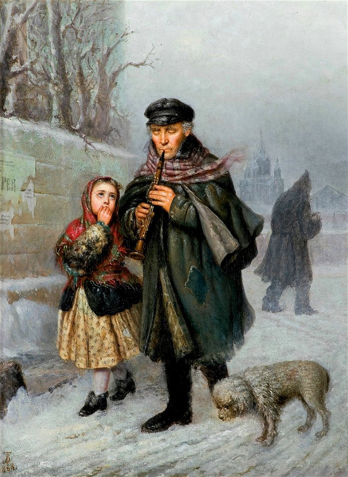 Julian Bończa-Tomaszewski - Żebrak-klarnecista z dziewczynką i psem