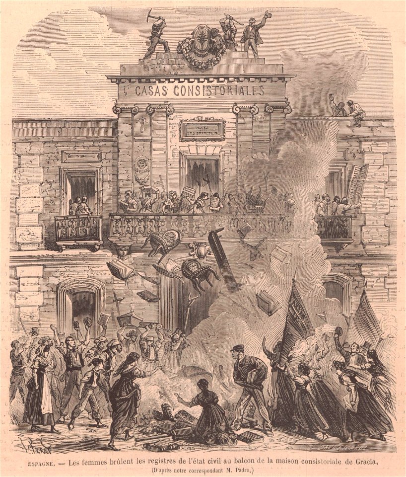 1870-04-23, Le Monde illustré, Espagne, Les femmes brùlent les registres de l'état civil au balcon de la maison consistoriale de Gracia, Férat