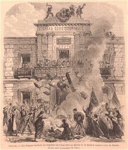 1870-04-23, Le Monde illustré, Espagne, Les femmes brùlent les registres de l'état civil au balcon de la maison consistoriale de Gracia, Férat