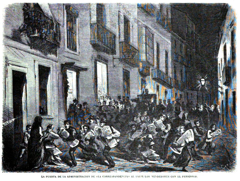 1870-05-10, La Ilustración Española y Americana, La puerta de la administración de La Correspondencia al salir los vendedores con el periódico