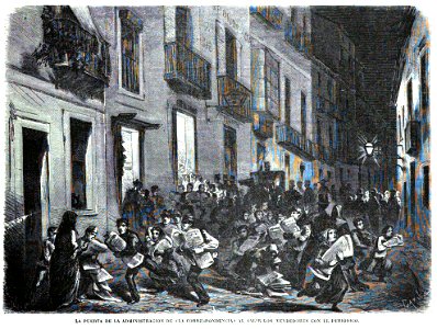 1870-05-10, La Ilustración Española y Americana, La puerta de la administración de La Correspondencia al salir los vendedores con el periódico