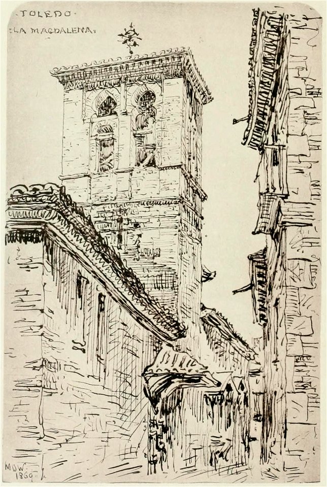 1872, An architect's note-book in Spain, principally illustrating the domestic architecture of that country, plate 41, Toledo, Tower of the Church of la Magdalena (cropped)