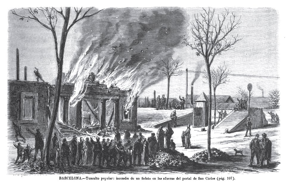 1872-02-16, La Ilustración Española y Americana, Barcelona, Tumulto popular, incendio de un fielato en las afueras del portal de San Carlos