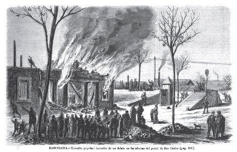 1872-02-16, La Ilustración Española y Americana, Barcelona, Tumulto popular, incendio de un fielato en las afueras del portal de San Carlos