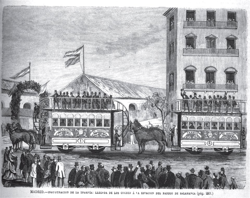 1871-06-15, La Ilustración Española y Americana, Madrid, Inauguración de la tramvía, llegada de los coches á la estacion del barrio de Salamanca