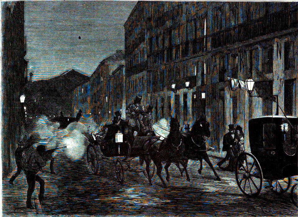 1872-07-24, La Ilustración Española y Americana, Atentado contra los reyes de España en la noche del 18 a (cropped) Los foragidos hacen fuego contra SS. MM. la reina y el rey