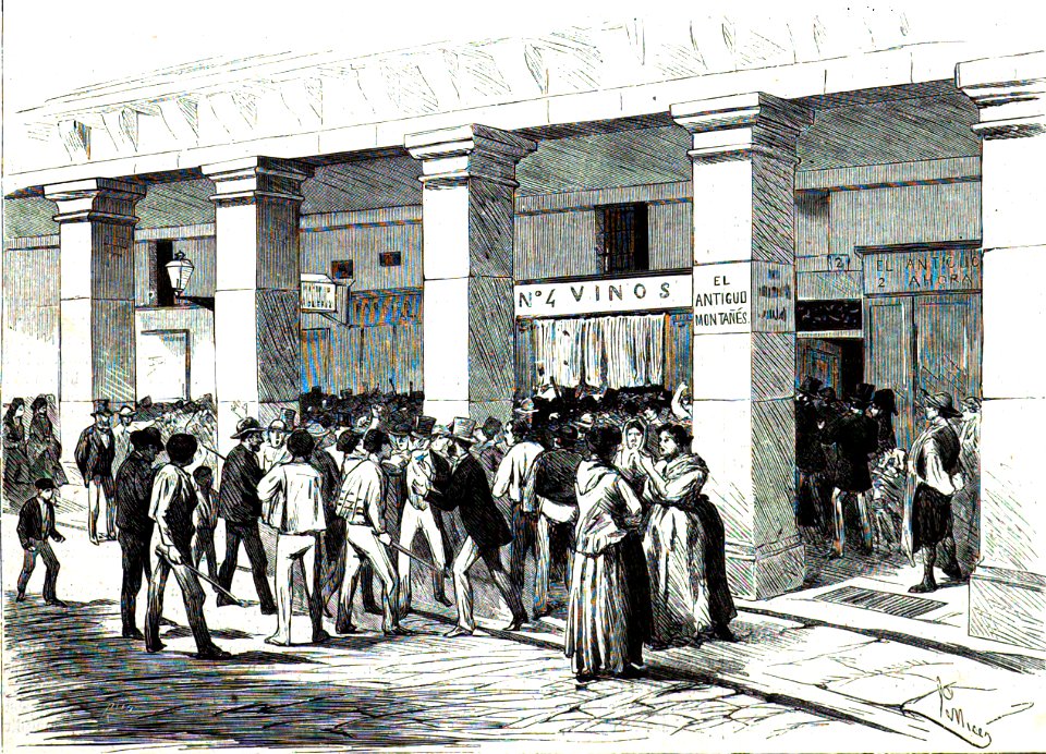 1872-07-24, La Ilustración Española y Americana, Atentado contra los reyes de España en la noche del 18 b (cropped) Demostracion hostil contra la taberna de la calle de Ciudad-Rodrigo, donde se concertó el complot del regicidio