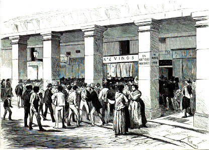 1872-07-24, La Ilustración Española y Americana, Atentado contra los reyes de España en la noche del 18 b (cropped) Demostracion hostil contra la taberna de la calle de Ciudad-Rodrigo, donde se concertó el complot del regicidio