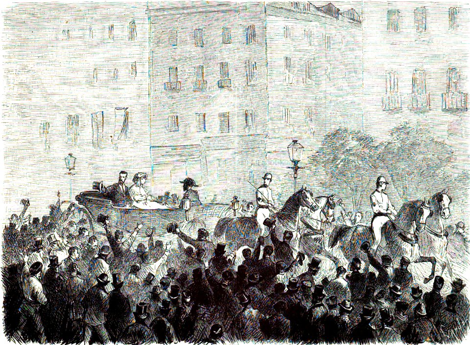 1872-07-24, La Ilustración Española y Americana, Atentado contra los reyes de España en la noche del 18 b (cropped) Demostraciones del pueblo en la tarde del 19, cuando salieron á paseo SS. MM