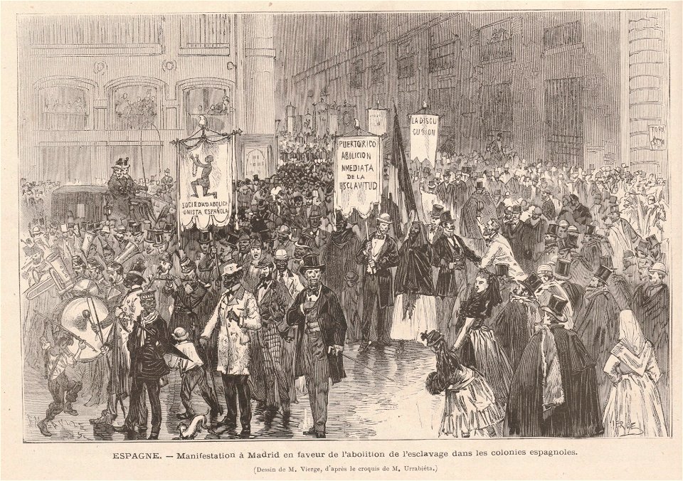 1873-02-01, Le Monde illustré, Espagne, Manifestation à Madrid en faveur de l'abolition de l'esclavage dans les colonies espagnoles, Vierge