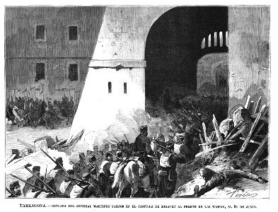 1875-07-08, La Ilustración Española y Americana, Entrada del general Martínez Campos en el castillo de Miravet al frente de las tropas, el 24 de junio. Free illustration for personal and commercial use.