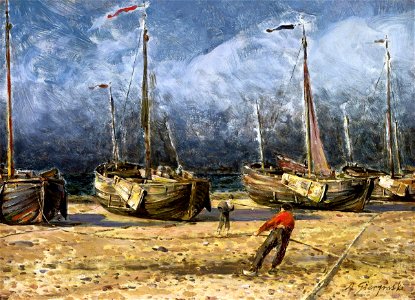 Gierymski Fishing boats at the shore. Free illustration for personal and commercial use.