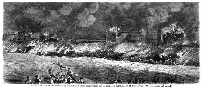 1876-07-30, La Ilustración Española y Americana, Madrid, Incendio del depósito de traviesas y otros combustibles en la Ronda de Valencia, el 21 del actual