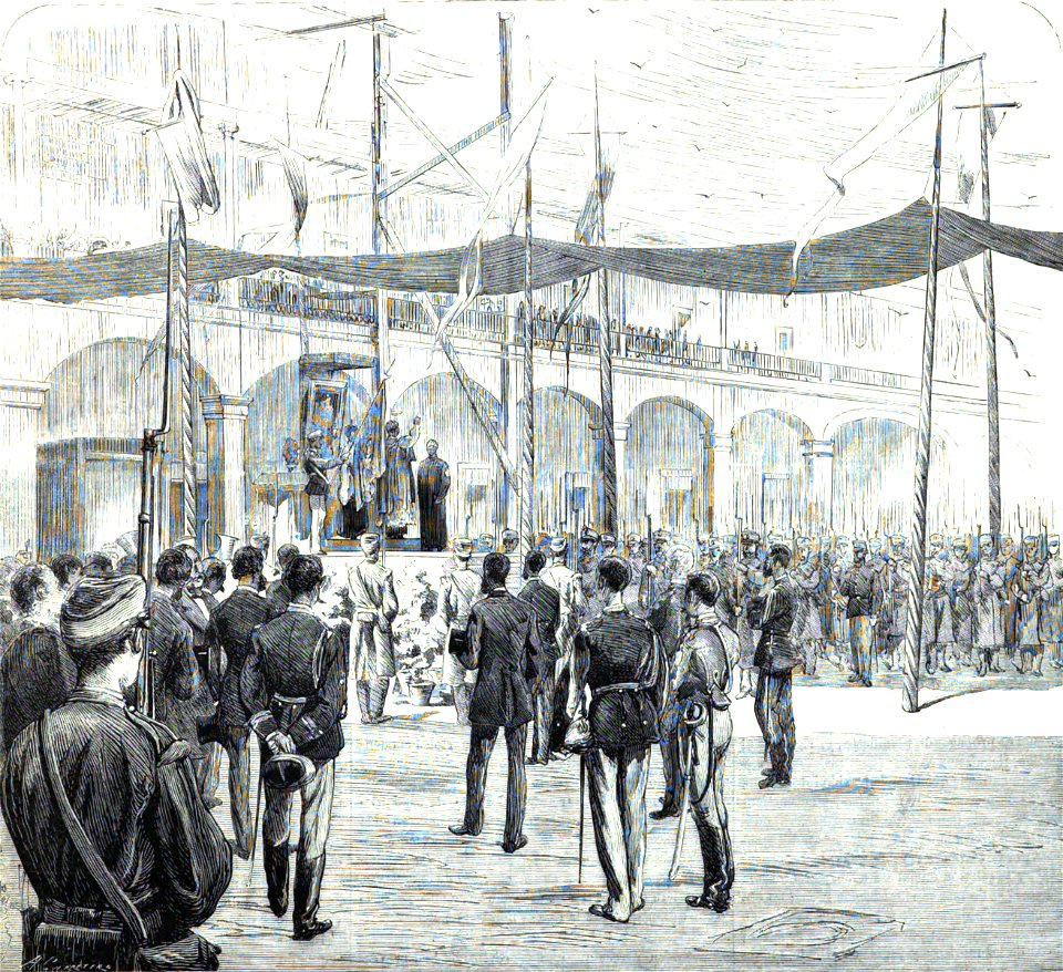 1876-09-22, La Ilustración Española y Americana, Madrid, Bendición de la bandera del batallón expedicionario á Cuba núm. 20, en el cuartel de la Montaña del Príncipe Pío (cropped)