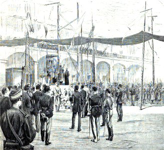 1876-09-22, La Ilustración Española y Americana, Madrid, Bendición de la bandera del batallón expedicionario á Cuba núm. 20, en el cuartel de la Montaña del Príncipe Pío (cropped)