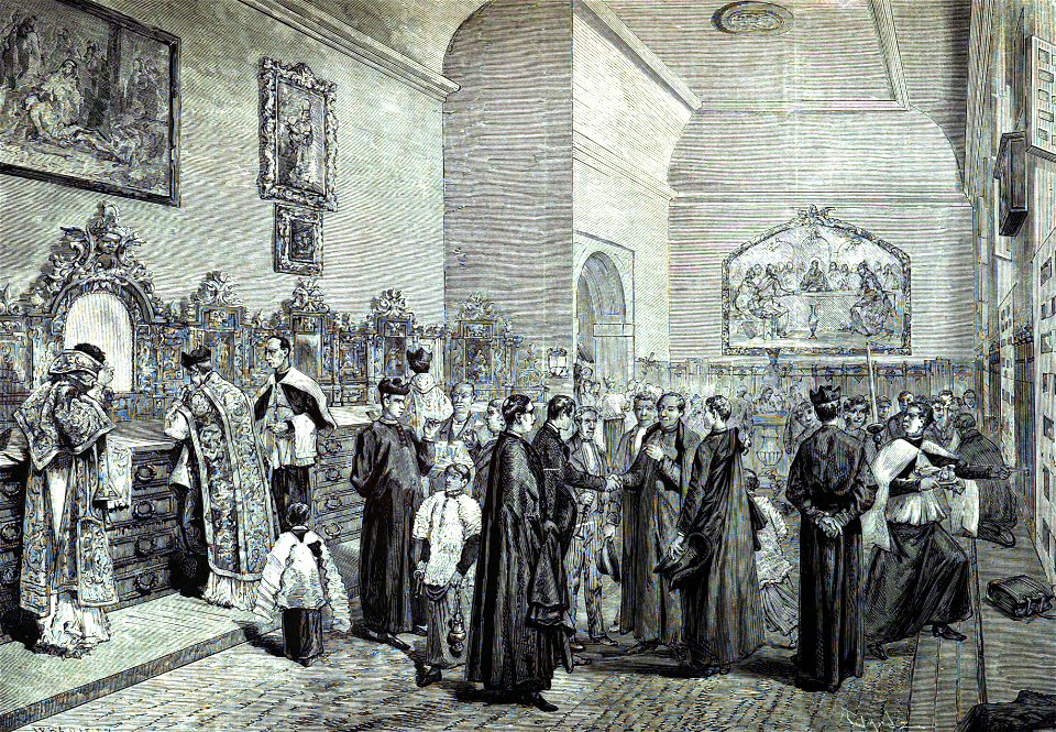 1876-08-30, La Ilustración Española y Americana, Getafe (Madrid), Sacristía de la parroquial de Santa María Magdalena, después de una solemne función religiosa (cropped)