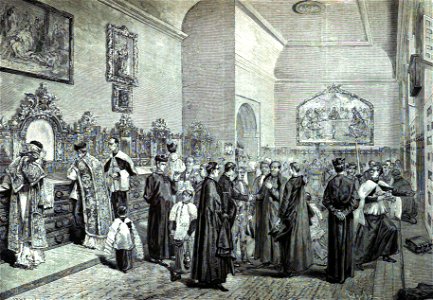 1876-08-30, La Ilustración Española y Americana, Getafe (Madrid), Sacristía de la parroquial de Santa María Magdalena, después de una solemne función religiosa (cropped)