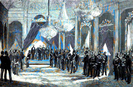 1877-04-08, La Ilustración Española y Americana, Páginas 232 y 233 (cropped) Cádiz, Acto de recibir S. M. á las autoridades de Marina y á los cónsules extranjeros, en el salón de sesiones de la Diputación Provincial