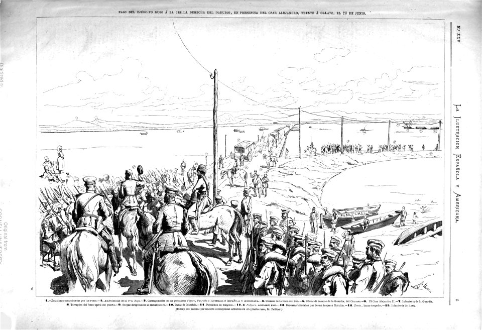 1877-07-08, La Ilustración Española y Americana, Paso del Ejército ruso á la orilla derecha del Danubio, en presencia del czar Alejandro, frente á Galatz, el 23 de junio