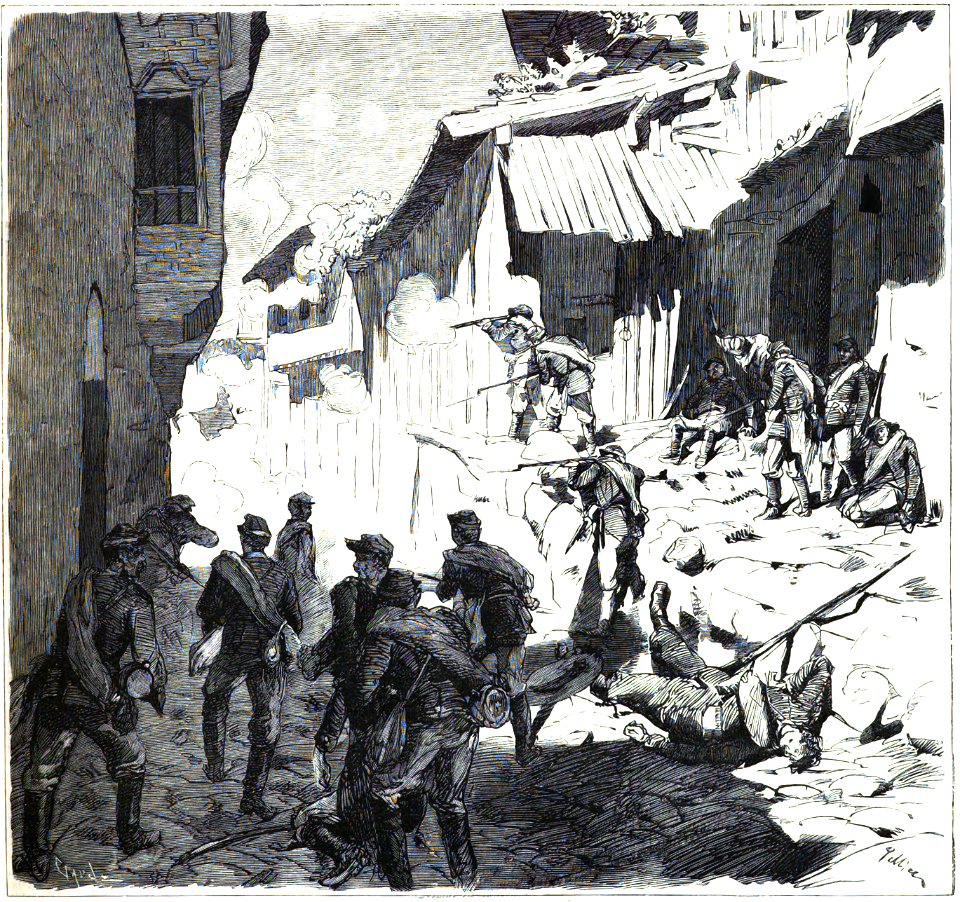 1877-08-30, La Ilustración Española y Americana, Plewna (Bulgaria), Sangriendo episodio de la batalla del 31 de julio, Combate en las calles de la población (cropped)