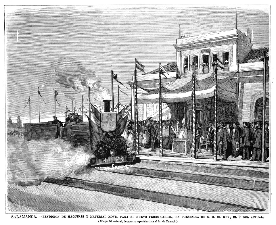 1877-09-22, La Ilustración Española y Americana, Salamanca, Bendición de máquinas y material móvil para el nuevo ferro-carril, en presencia del rey, el 9 del actual