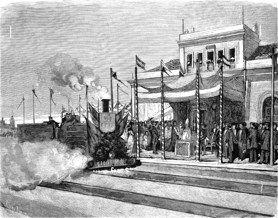 1877-09-22, La Ilustración Española y Americana, Salamanca, Bendición de máquinas y material móvil para el nuevo ferro-carril, en presencia del rey, el 9 del actual (cropped)