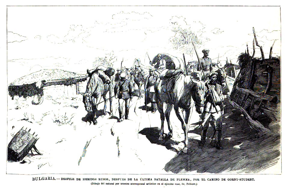 1877-10-30, La Ilustración Española y Americana, Bulgaria, Desfile de heridos rusos, después de la última batalla de Plewna, por el camino de Gorny-Student