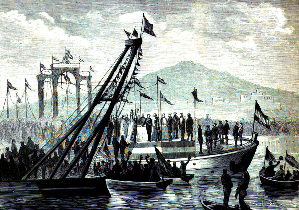 1877-03-08, La Ilustración Española y Americana, Viaje de S. M. el rey (cropped) Cartagena, Inauguración de las obras para el muelle comercial, verificaba por S. M. el 24 de febrero