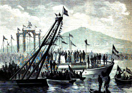 1877-03-08, La Ilustración Española y Americana, Viaje de S. M. el rey (cropped) Cartagena, Inauguración de las obras para el muelle comercial, verificaba por S. M. el 24 de febrero