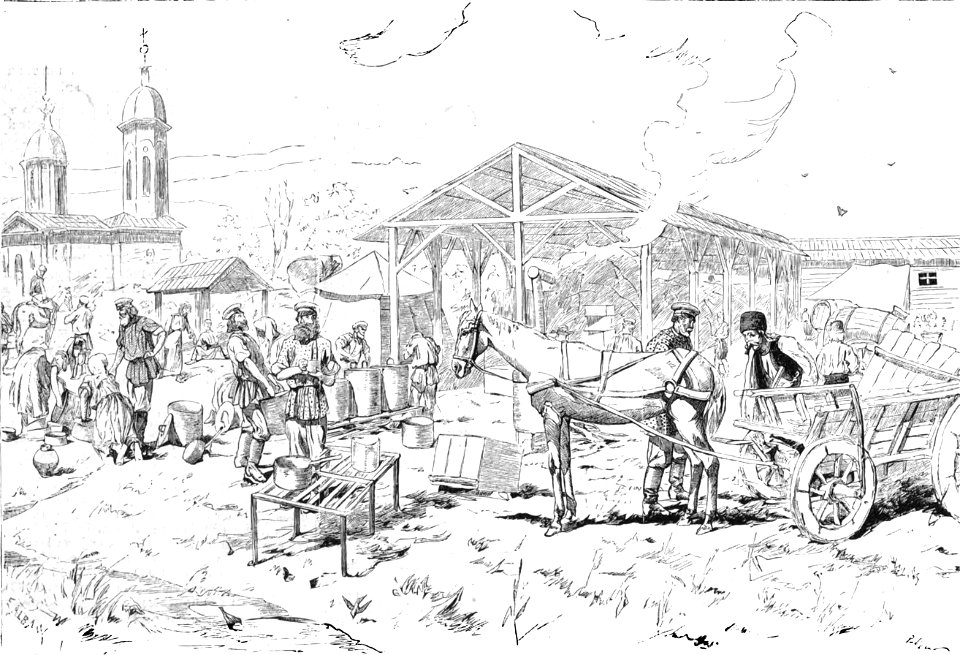 1877-07-08, La Ilustración Española y Americana, Crónica ilustrada de la Guerra de Oriente (cropped) Ploesci (Rumania), Dependencias del cuartel general ruso