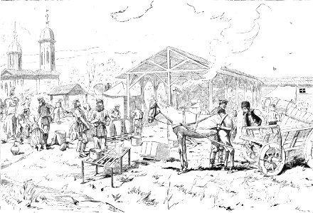 1877-07-08, La Ilustración Española y Americana, Crónica ilustrada de la Guerra de Oriente (cropped) Ploesci (Rumania), Dependencias del cuartel general ruso