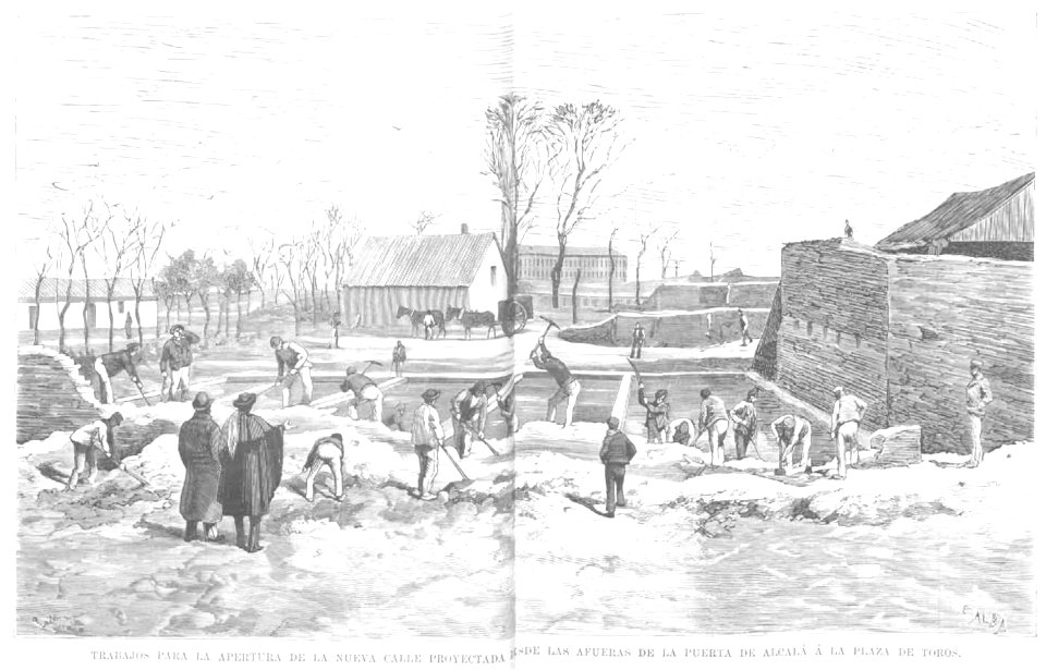 1878-01-15, La Ilustración Española y Americana, Madrid, Preparativos para los próximos festejos públicos, Pellicer (cropped) Trabajos para la apertura de la nueva calle proyectada desde las afueras de la puerta de Alcalá