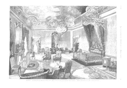 1878-01-30, La Ilustración Española y Americana, Madrid, Interior de la cámara nupcial de los reyes de España en el Real Palacio, Comba. Free illustration for personal and commercial use.