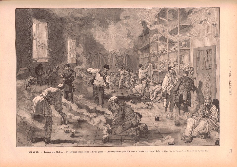 1878-11-23, Le Monde illustré, Leganés près Madrid, Précautions prises contre la fiévre jaune, Les fumigations qu'on fait subir à l'armée revenant de Cuba, Vierge