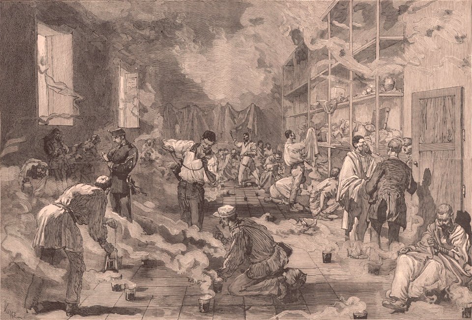 1878-11-23, Le Monde illustré, Leganés près Madrid, Précautions prises contre la fiévre jaune, Les fumigations qu'on fait subir à l'armée revenant de Cuba, Vierge (cropped)