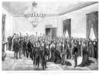 1878-01-30, La Ilustración Española y Americana, Palacio de Aranjuez, Los diputados á Cortes victoreando á la futura reina de España, después de ofrecerla sus respetos, Comba