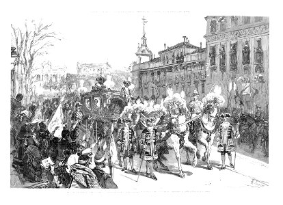 1878-01-30, La Ilustración Española y Americana, Paso de la comitiva regia por la calle de Alcalá, delante del Ministerio de la Guerra. Free illustration for personal and commercial use.