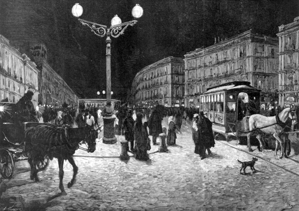 1878-03-30, La Ilustración Española y Americana, Paseos por Madrid, La Puerta del Sol iluminada con la luz eléctrica Paseos por Madrid, Pellicer (cropped)