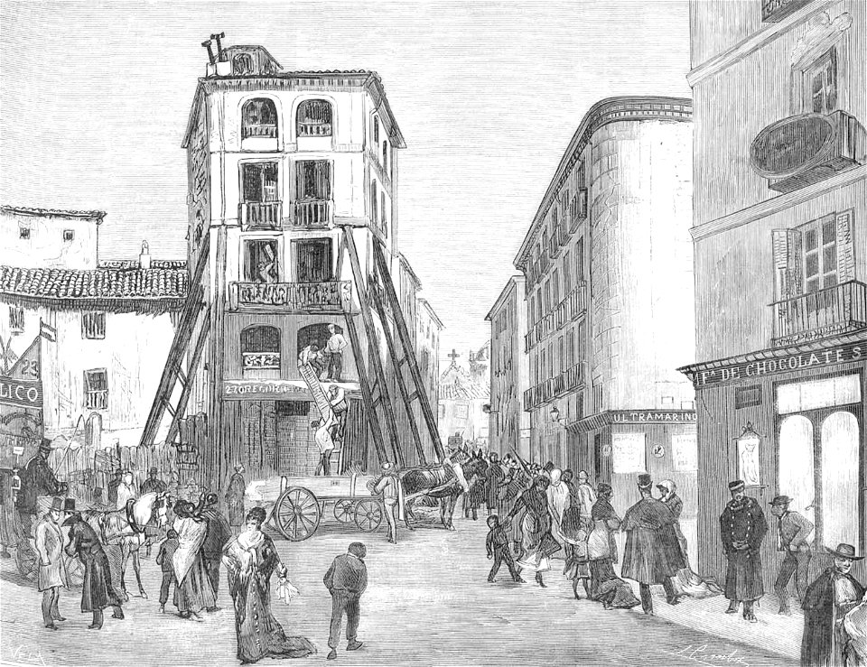 1879-03-15, La Ilustración Española y Americana, Reformas de Madrid, Derribo de la casa núm. 1 de la calle de Sevilla, con motivo del ensanche proyectado (cropped)