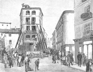 1879-03-15, La Ilustración Española y Americana, Reformas de Madrid, Derribo de la casa núm. 1 de la calle de Sevilla, con motivo del ensanche proyectado (cropped)