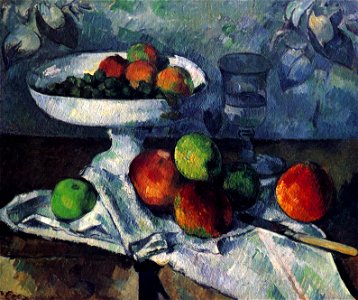 Compotier, verre et pommes, par Paul Cézanne. Free illustration for personal and commercial use.