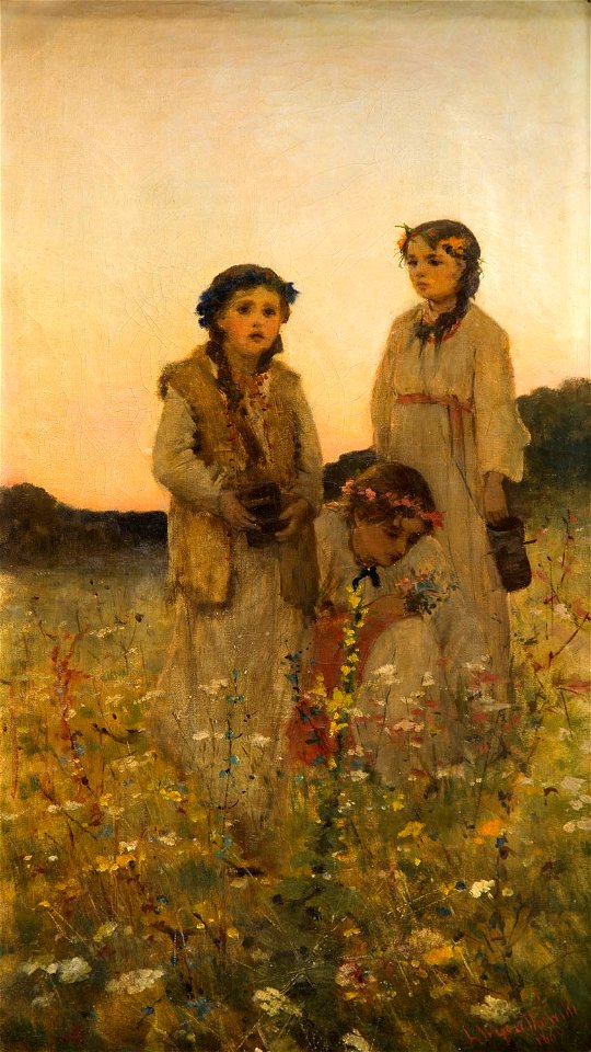Leon Wyczółkowski - Dziewczynki zbierające kwiaty na łące 1880