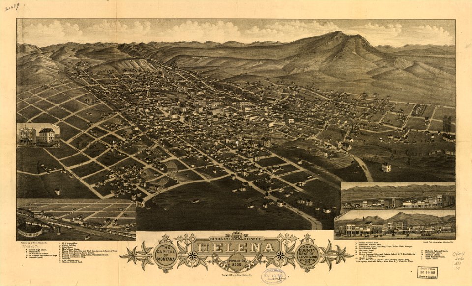 1883 bird's eye view of Helena, Montana. The capitol of Montana and county seat of Lewis and Clarke Co. LOC 75694670