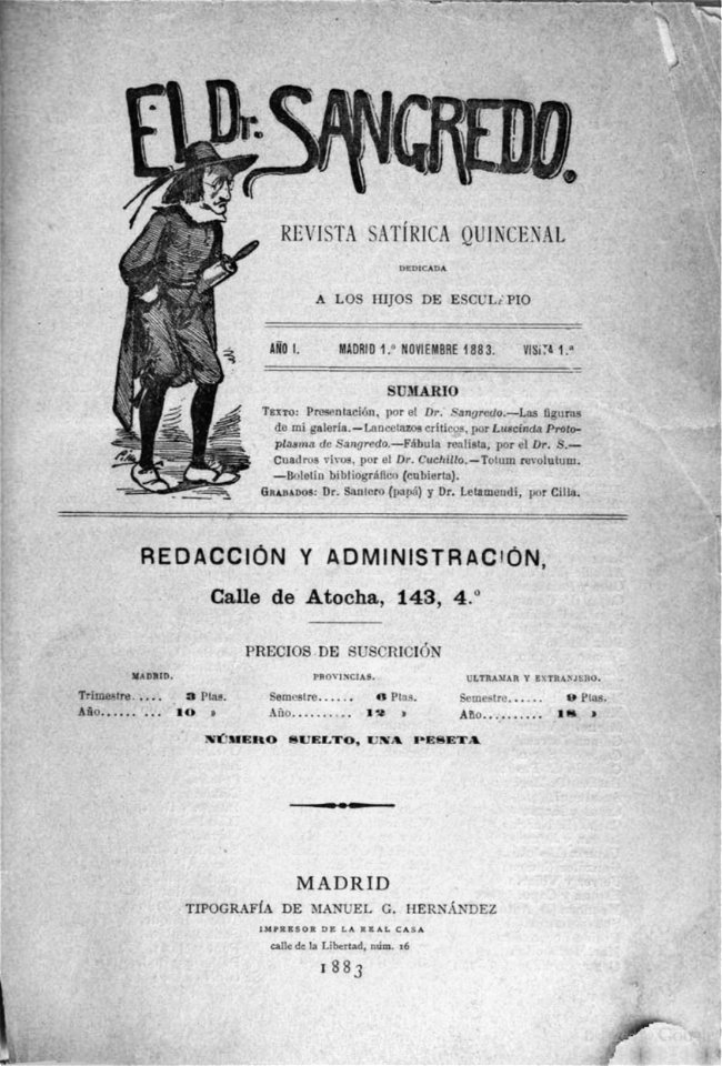 1883, El Dr. Sangredo, Revista satírica quincenal dedicada a los hijos de Esculapio, Cilla
